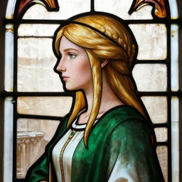 side - view portrait of triss merigold, green and white shirt, tenth century stained glass window, beige and brown background, very masterful