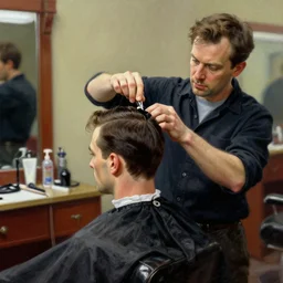 patrick bateman as a barber cutting hair in a barbershop, painting by norman rockwell, highly detailed