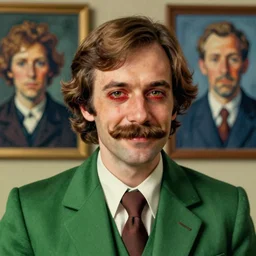 portrait of a melancholy detective wearing a 70s green blazer, sideburns and a moustache, looking soulfully at the camera and grinning with bloodshot eyes, Rembrandt, Ilya Repin, Jenny Saville, Alex Kanevsky, Wassily Kandinsky, expressive portrait, Russian Impressionism, videogame avatar
