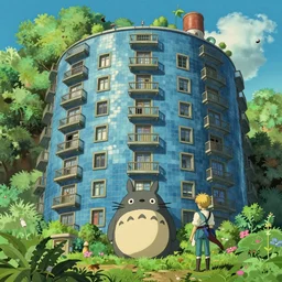 a huge blue tiled apartment building of howl's moving castle ghibli, photorealistic, art by vincent di fate nausicaa, ghibli, breath of the wild, epic composition, green plants