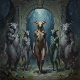 painting of otherworldly creatures standing in front of a mysterious gate, by wayne barlowe = n 9