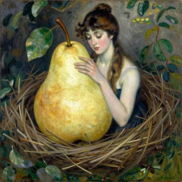 vintage beautiful painting of a woman living inside a pear’s nest in Mary Cassatt style