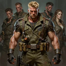 portrait painting of post - apocalyptic extremely!! muscular!! angry blond man wearing old military fatigues, ultra realistic!!, dieselpunk, concept art, intricate details, eerie, highly detailed!!, photorealistic, octane render!! 8 k, unreal engine. art by artgerm and greg rutkowski and charlie bowater and magali villeneuve and alphonse mucha