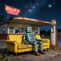 A 1960s era robot! on a faded yellow couch in front of a rusted and dilapidated gas station. The stars! of the Milky Way shine above a broken neon sign, ground is cracked with vines fantasy concept art by Greg Rutkowski
