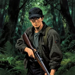 a man with a baseball hat and a rifle in a lush dark deep forest, stephen king 1 9 8 0 s, japanese illustrator, post apocalyptic thriller