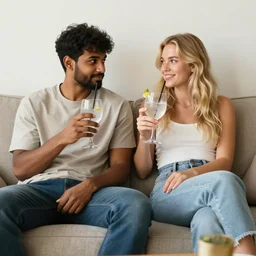 indian guy and blonde swedish girl drinking gin and tonics on the couch