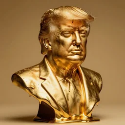 a melting golden bust of Donald Trump with drips of molten metal, highly polished fashion magazine photography