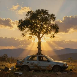 a tree growing on a scrap car, soft golden sunset, clouds, mountains in the background, hyperrealistic, highly detailed, cinematic, ray of golden sunlight, beautiful, cgsociety, artstation, 8 k, oil painting by greg rutkowski, by artgerm, by wlop