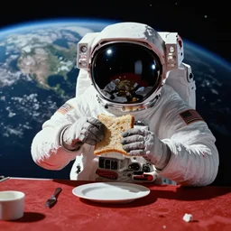 a photo of an astronaut on the moon without helmet,eating a sandwich,the table is red,planet earth in the background,digital art,realistic,art by greg rutkowski,artstation,detailed