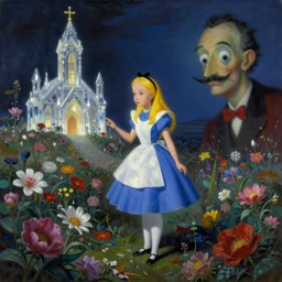 a beautiful painting of alice in wonderland, shining its light across a tumultuous sea of flowers and crystal church by dorothea tanning and salvador dali and empyrean, trending on artstation, cyber punk, octane render, high detailed, human : - 2, blur : - 2, depth of field : - 2, w 1 9 2 0, h 1 0 8 0,