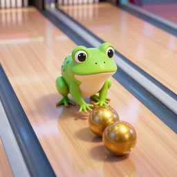 birds - eye - view shot of a cute frog bowling with golden metall balls on a glass floor, concept art, by esao andrews, by m. w. kaluta, by pixar, volumetric light, rich colors, very humorous!!!, realistic reflections, smooth, depth perception, shallow depth of field, 4 k, unreal engine 5, artstation
