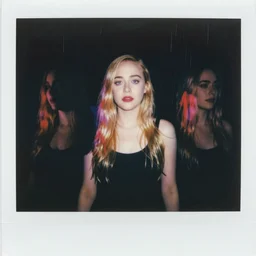 Polaroid of Elle Fanning in a dream, silhouettes, threes, rain, reflection, double exposure, dramatic low-key neon lighting, light painting