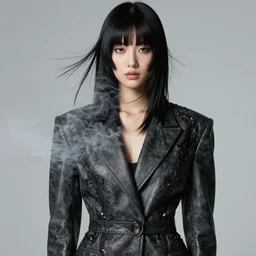moody, youthful asian kali demure, 3 5 mm, exquisite features, feminine cut, pris mascara, baroque frontiers in flight leather suit, smoke, grain, misty, stephane sednaoui, id magazine photoshoot
