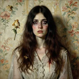 a beautiful and eerie baroque painting of a beautiful but serious woman in layers of fear, in dead space, with haunted eyes and dark hair, 1 9 7 0 s, seventies, floral wallpaper, wilted flowers, a little blood, morning light showing injuries, delicate embellishments, painterly, offset printing technique, by robert henri, walter popp, alan lee