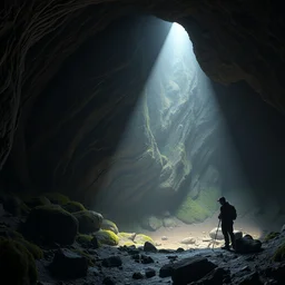 art by heade, martin johnson and caspar david. mid - shot on a quiet beam of light fell on the molybdenite on the cave wall, which were covered with moss and fungi. light effect!! an explorer with a headlamp. background fog, super clear details, ultra clear material. octane render. cinematic lighting, intricate details.