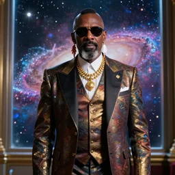 mr. t as president of the galaxy with mohawk and wearing gold jewelry and a fancy retro scifi three - piece suit and feather earrings and sunglasses, patriotic, nebula background outside window, cinematic lighting, medium shot, color splash, imax