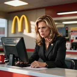 angry liz cheney working at a mcdonald's drive - thru