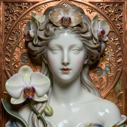 face centered portrait, artwork by james jean, hyperdetailed realistic smooth polished porcelain, beautiful orchid goddess, jean delville, art nouveau, gustav klimt, ornate copper patina gothic icon, james jean, ultrasharp hyperdetailed photorealistic octane render