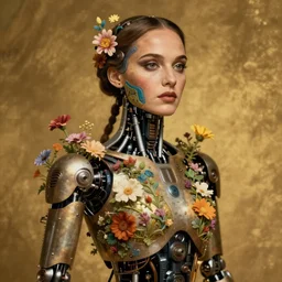 a beautiful intricate vintage photo of natalie portman as a humanoid with cybernetic implants, half face painted, portrait by tom bagshaw and natalie shau, mechanical industrial robot torso overgrown with flowers, cybernetic scifi, cyborg, studio lighting, golden ratio composition, deep depth of field, 3 5 mm lens, artstation, highly coherent, 8 k, masterpiece!