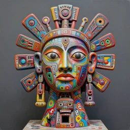 a sculpture of an intricate ritual totem, made of colorful graffiti, intricate line work, beautiful symmetrical face emerging, visionary artist, shamanic art, concept art, award winning acrylic painting, ambient occlusion, digital art,