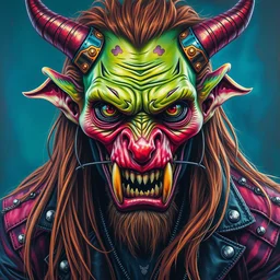 a medium shot portrait of a scifi post apocalyptic demonic orcish goblin biker character, psychedelic vibrant colors, futuristic punk rock fashion, oil painting by michael whelan art, sharp focus, realistic, perfect face, detailed eyes, highly detailed, long hair, studded leather jacket, 8 k