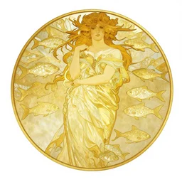 an ocean of gold, with diamond fishes, by alphonse mucha.