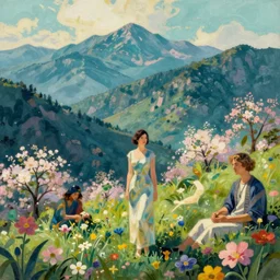 mountain landscape in spring, flowers, teal landscape, dreamy light, sunny complementary palette, by tom bagshaw and jacek yerga and tamara de lempicka and jesse king, pop surrealist, wiccan