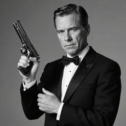Portrait of the Homelander from the Tv Show the Boys in a tuxedo with a silenced gun on his hand, black and white