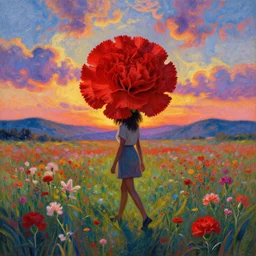 giant red carnation afro head, full body, girl walking in the middle of a field with flowers, surreal photography, hills, sunrise dramatic light, impressionist painting, colorful clouds, digital painting, pointillism, artstation, simon stalenhag
