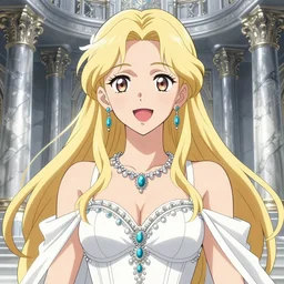Worksafe. Dramatic, cinematic, epic. Fantasy, fairytale. Close-up heavenly gentle blonde elven sorceress fairy princess goddess queen,wearing white luxury bridal bra and jewelry, expressing joy, at huge silver marble palace. By krenz cushart, makoto shinkai and pixiv. Accurately shaped manga face. A very clean image. Bold contour inklines. High contrast and gentle colors.