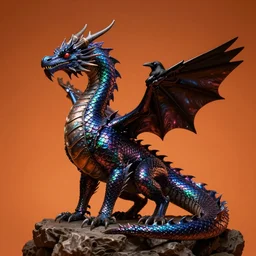 indigo dragon with holographic scales and a raven sitting on the dragons tail deep orange background hyper realistic