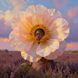 closeup, giant flower as head, african woman in heather field, surreal photography, golden hour, colorful clouds, impressionist painting, digital painting, artstation, simon stalenhag