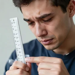 visibly sad crying man pinching a ruler, high resolution photo
