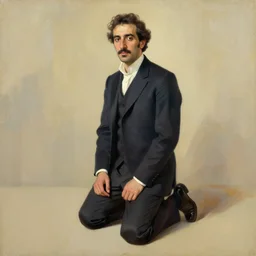 beautiful graphic full body portrait, petros afshar, cuno amiet, man on his knees 1 9 7 0 s art painterly character design, petros afshar