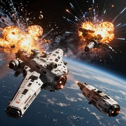 an epic spaceship battle in low earth orbit between two waring factions, explosions. cinematic. stunning, gorgeous, intricate detail, much wow, masterpiece, 4 k.