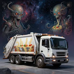 futuristic garbage truck that sells noodles, cosmic horror painting, elegant intricate digital painting artstation concept art by syd mead detailed