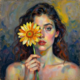 studio portrait of a woman holding a flower in front of her face, an album cover by annabel eyres, featured on pexels, maximalism, fauvism, biomorphic