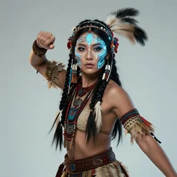 a beautiful portrait of a native american woman with futuristic cybernetic glowing war face paint, dynamic pose, sci - fi, cyberpunk by ruan jia