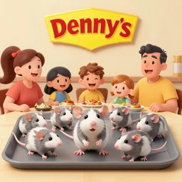 a tray of rats being served to an irrationally happy family at Denny's