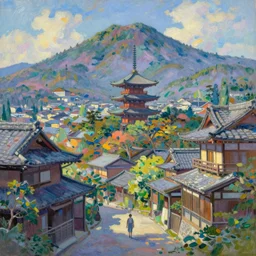 tiny character in front of a beautiful japanese city in the mountain, amazing ryokans and gorgeous edo era houses. gorgeous epic nature, lofi, vivid colors, amazing light, by jeremy lipkin, by claude monet, heavily inspired by makoto shinkai, kandinsky touches, masterpiece, multiple brush strokes, impressionist style. divine