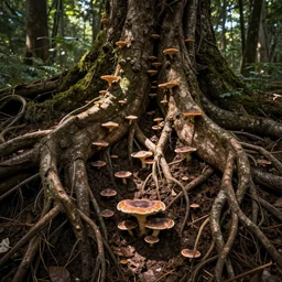 tree roots learning to talk to fungus underneath the earth, a psychodelic experience, earthy tones