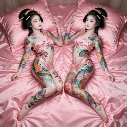 full body portrait of Geishas lying in pink silk sheets, whole skin covered with dragon and flowers tattoos, D&D, fantasy, highly detailed, digital art, trending on artstation, smooth, sharp focus, illustration, art by artgem