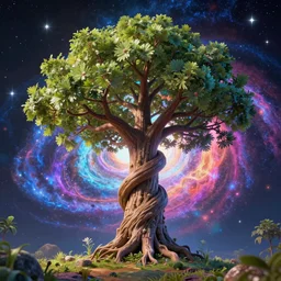 the tree of life and the tree of knowledge twisting around each other : : growing through the universe, cosmic scale, vibrant color, octane render, unreal 3 d, raytracing, volumetric light