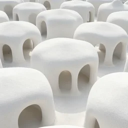 above ground perspective of dreamy pavilions buildings made of porous white organic cellular structure, forming a canopy of concrete with pillars and arched vaults. style of architecture rendering, dwell magazine front page