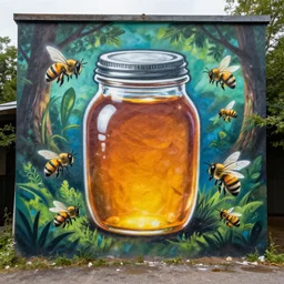 honey jar with bees flying around, forest setting as graffiti mural by lee, masterpiece, trending on artstation