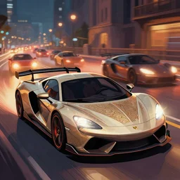 a sports car, pop art, night life, vector art, race, depth of field, cars behind speed, lights, lens flare, deep focus, d & d, fantasy, intricate, elegant, highly detailed, digital painting, artstation, concept art, matte, sharp focus, illustration, hearthstone, art by artgerm and greg rutkowski and alphonse mucha