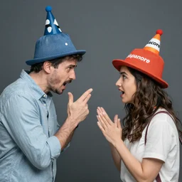 photo of a husband and wife arguing while wearing funny hats, scificore, hispanicore, cartooncore