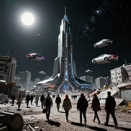 people are walking past plasmacraft, back from work in a Russian cyberpunk slum city called Neo Norilsk on the Moon, black sky with Milky Way, bright sun, diverse, lively, black sky full of stars, blinding bright sun, sci-fi, lots of flying cars, levitation, cyberpunk outfits, photorealistic, grainy, 35mm, intricate, very very beautiful, elegant, smooth, cinematic, Unreal Engine 5, by Beeple, trending on Artstation HD
