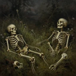 beautiful, dark atmospheric painting of decaying skeletons and bones. in a meadow