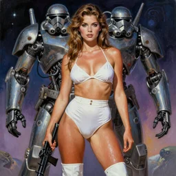 A mixed media portrait painting of a very beautiful light-brown-haired woman on an alien planet, very curvy, aesthetic! high-waisted white-bikini-armr and boots, starship-troopers-rifle, bombshell, aesthetic symmetrical face and eyes, model, wet, pacific-rim-mech in background, by Frank Frazetta, Boris Vallejo, Beeple, Greg Rutkowski, Christian MacNevin, eighties pinup style, goddess, epic fantasy character art, high fantasy, CGsociety, exquisite detail, post-processing, masterpiece, cinematic